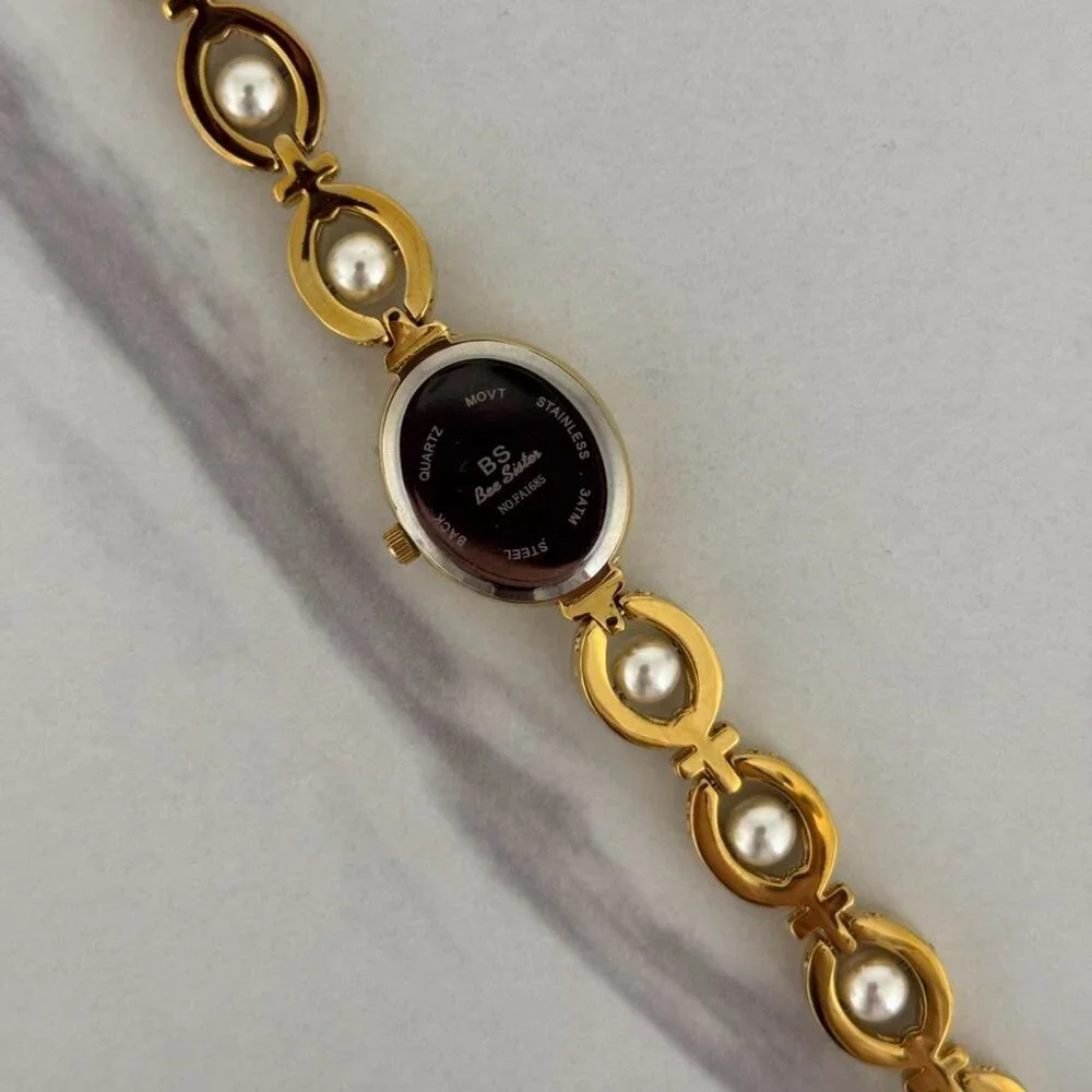 Sku0312‎ Retro Gold White Pearl Gemstones Women Vintage Watch Bracelet +gift bag